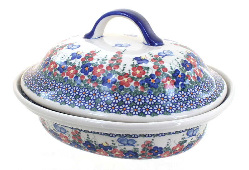 Blue Rose Polish Pottery Garden Butterfly Oval Baker with Lid
