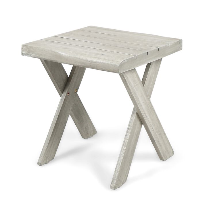 Outdoor Side End Table, 18 Inch Sandblasted Teak, Gray Acacia Wood - Benzara