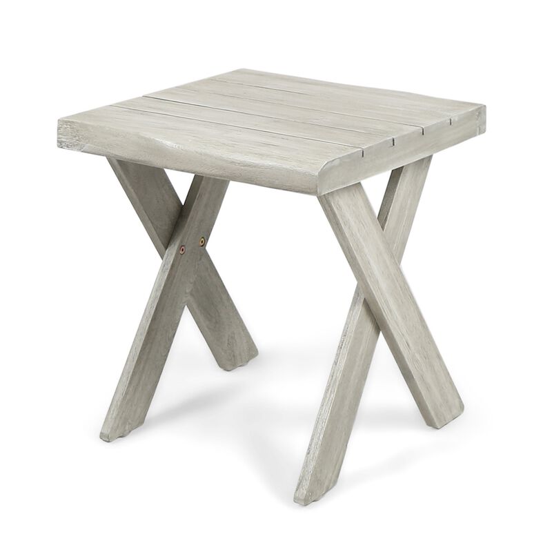 Outdoor Side End Table, 18 Inch Sandblasted Teak, Gray Acacia Wood - Benzara