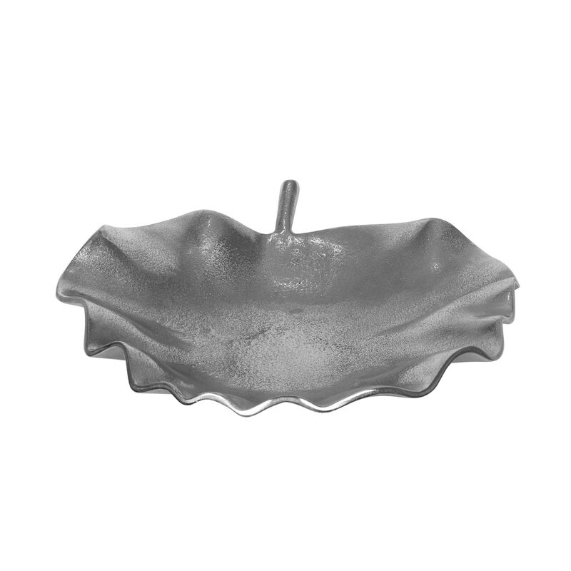 Decorative Tray Plate, Leaf Shape Design, Aluminum Silver Finish -Benzara