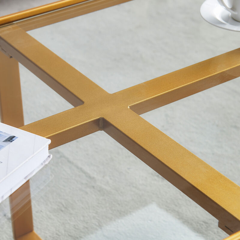 Minimalist Rectangular Coffee Table with Gold Metal Frame and Glass Top