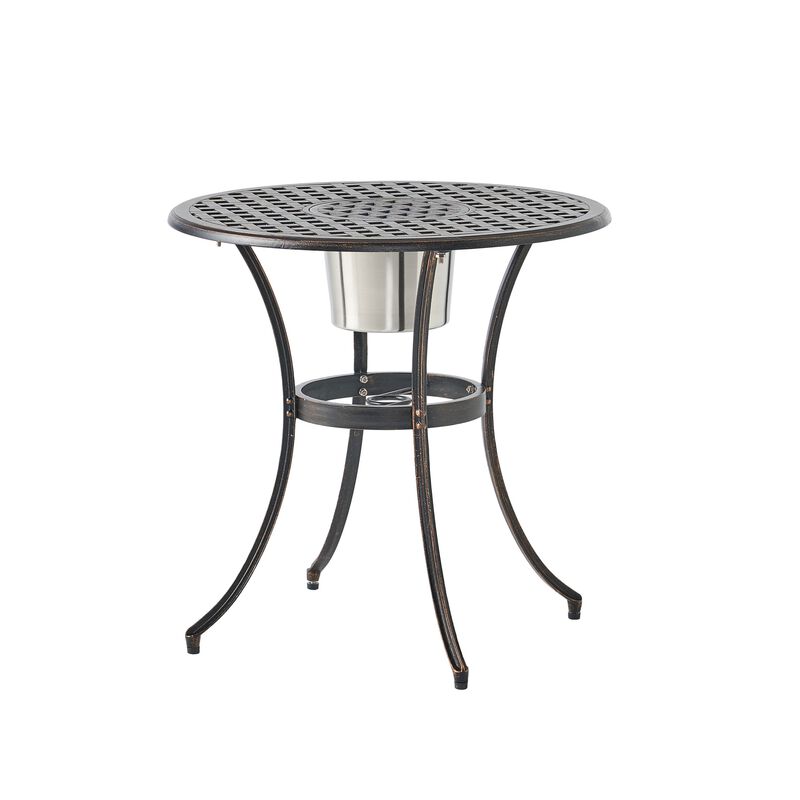 Outdoor Bistro Table Set with 2 Chairs and an Ice Bucket, Coppertone - Benzara