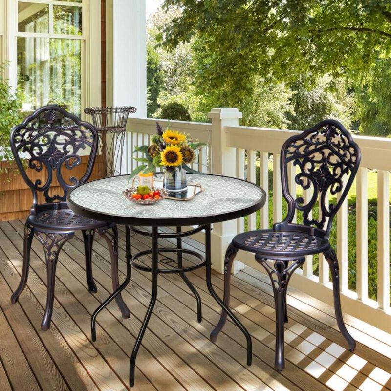 Hivvago 32 Inch Patio Tempered Glass Steel Frame Round Table with Convenient Umbrella Hole