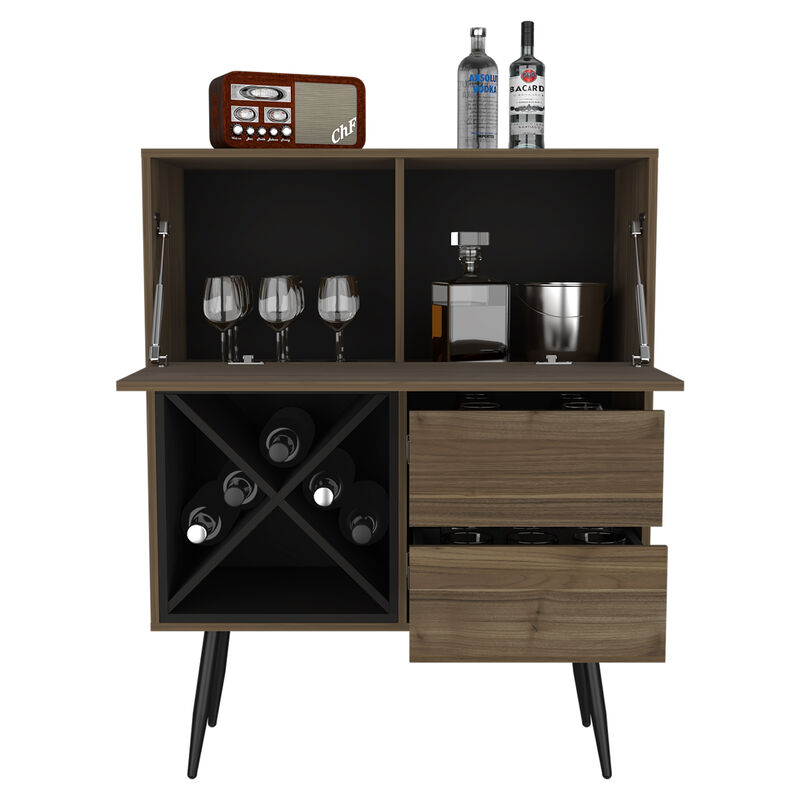 DEPOT E-SHOP Thistle Bar Two Drawers, Four Double Racks, Single Cabinet, Mahogany / Black