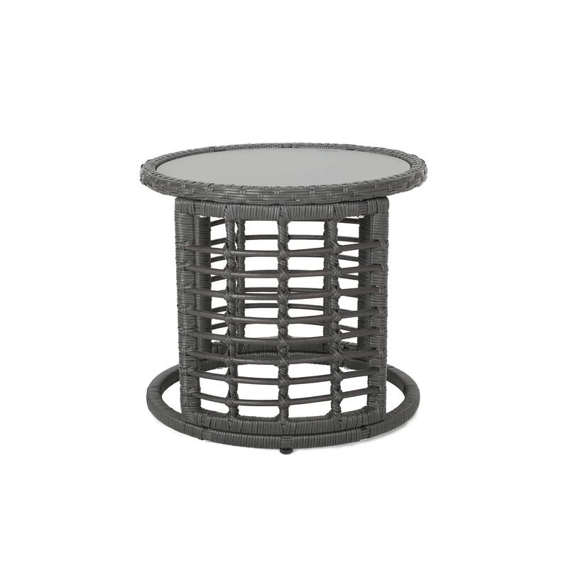 Outdoor Round Side End Table with Woven Accents, 18 Inch, Gray Rattan -Benzara