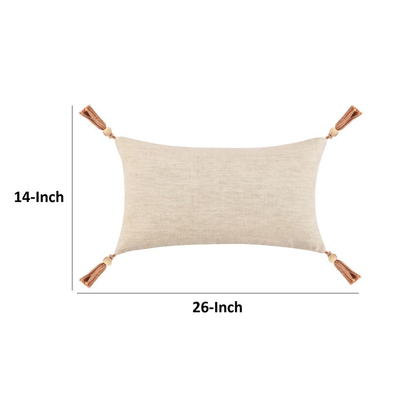 Chia Lumbar Throw Pillow, 14x26in Wood Bead Tassels, Light Brown Linen - Benzara