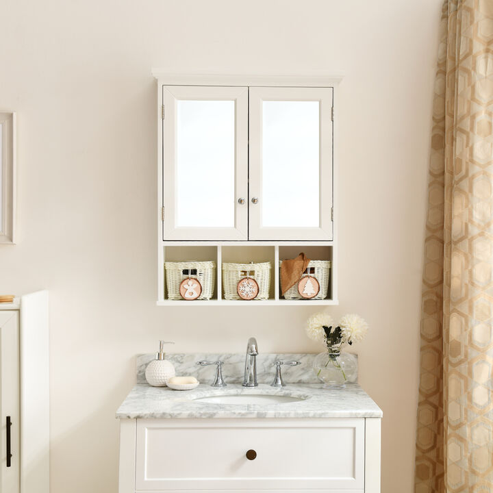 White Wood Wall Cabinet with Mirrored Doors & Storage Baskets