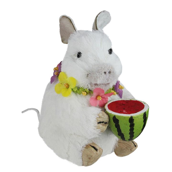 6.75" White Sisal Piglet with Floral Lei and Watermelon Tabletop Figure