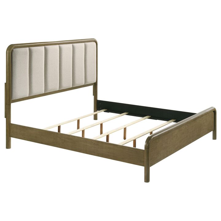 Deon Queen Bed, Vertical Channel Tufted Beige Boucle Upholstery, Brown - Benzara