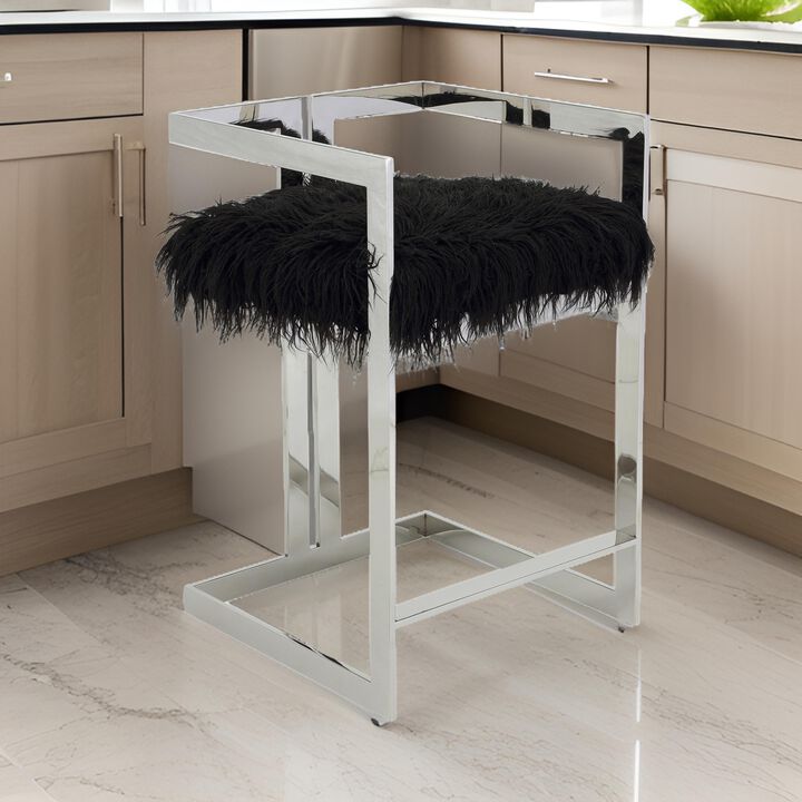Suki 26 Inch Counter Stool Chair, Black Faux Fur, Silver Stainless Steel - Benzara