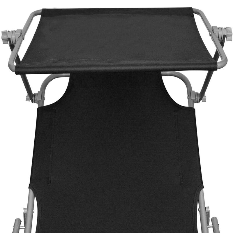 Outdoor Foldable Sun Chaise Lounger with Canopy, 74 Inch Steel, Black - Benzara