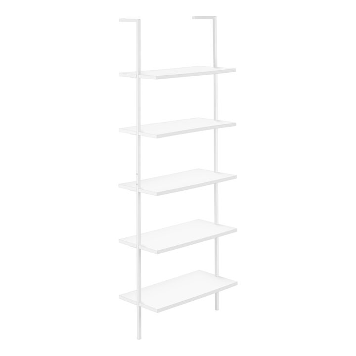 Monarch Specialties I 3687 Bookshelf, Bookcase, Etagere, Ladder, 5 Tier, 72"H, Office, Bedroom, Metal, Laminate, White, Contemporary, Modern