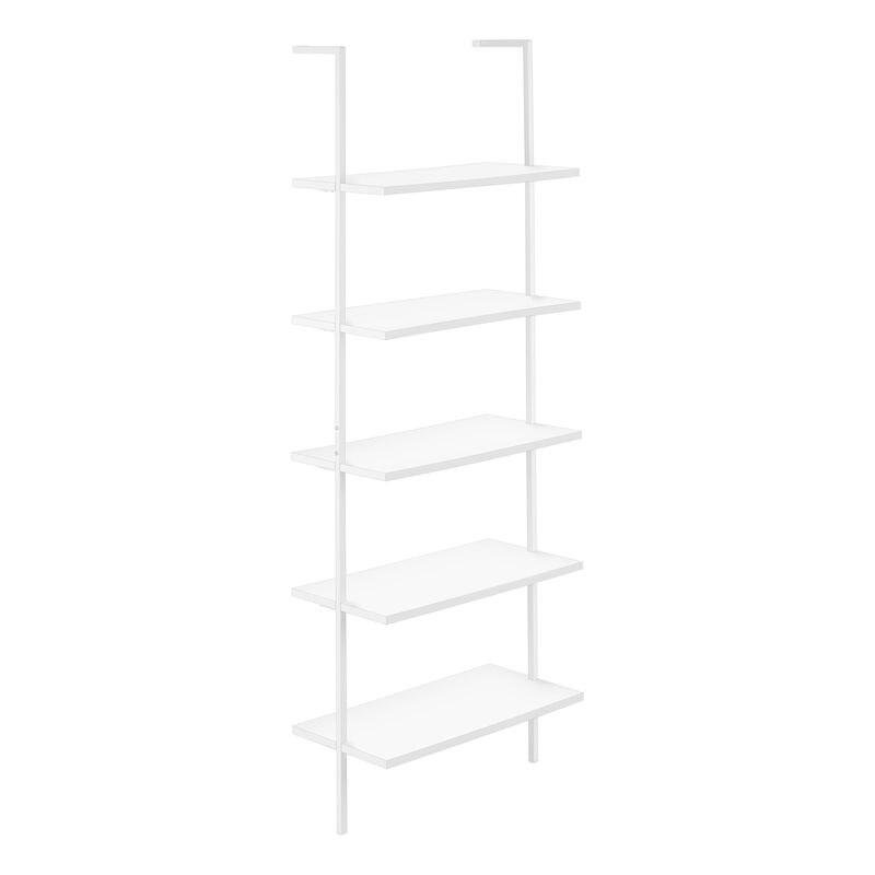 Monarch Specialties I 3687 Bookshelf, Bookcase, Etagere, Ladder, 5 Tier, 72"H, Office, Bedroom, Metal, Laminate, White, Contemporary, Modern