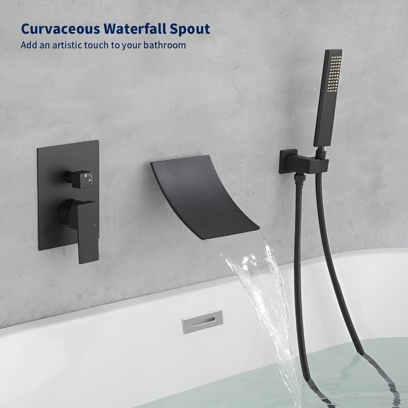 Waterfall Shower Head & Handheld, Single Handle Tub Faucet with Curved Spout