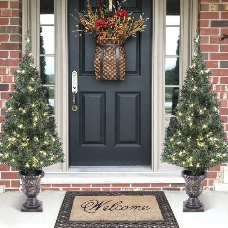 LuxenHome Set of 2 4Ft Pre-Lit LED Artificial Pine Christmas Tree with Urn Pot