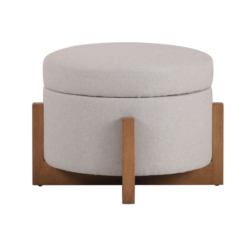 24 Inch Ottoman, Round Cushioned Storage Seat, Gray Polyester, Brown Wood - Benzara