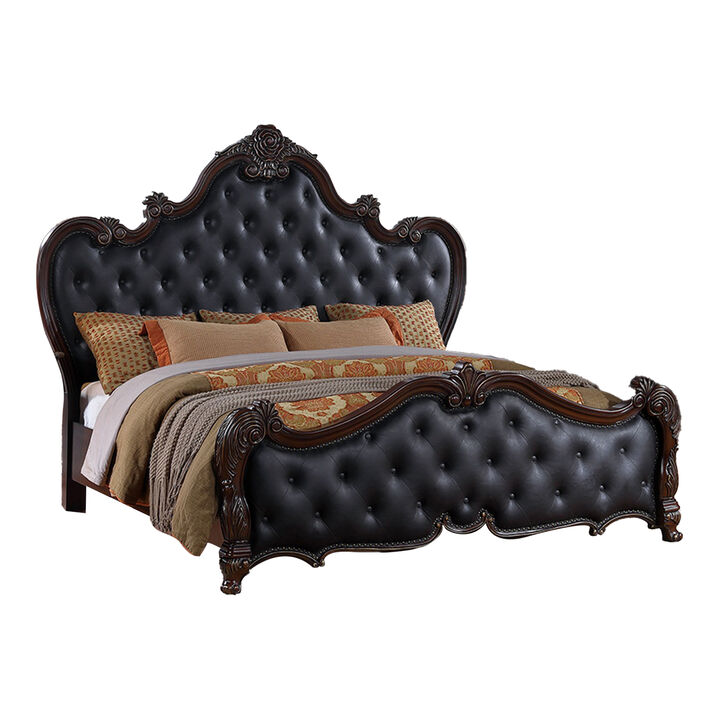 Venta King Bed, Brown Frame, Black Button Tufted Faux Leather Upholstery - Benzara