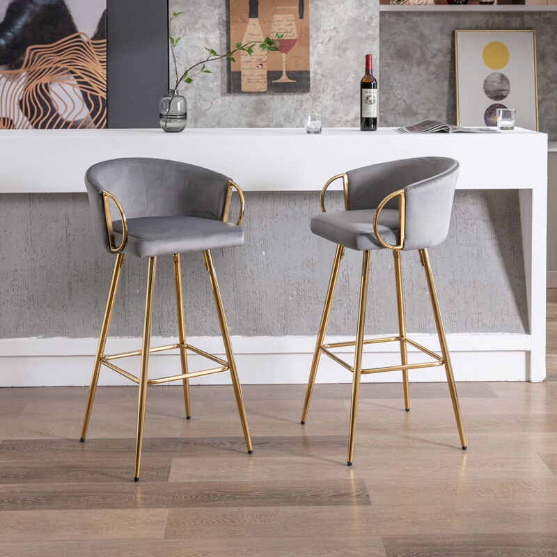 26 Inch Set Of 2 Bar Stools, With Chrome Footrest And Base Velvet + Leg Simple Barstool