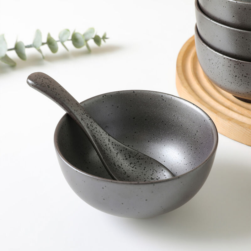 Stone Lain Valencia Porcelain Serving Bowl and Spoon Set 8 Piece , Metallic Grey