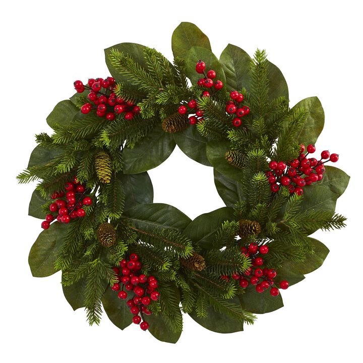 Hivvago 24" Magnolia Leaf, Berry and Pine Artificial Wreath