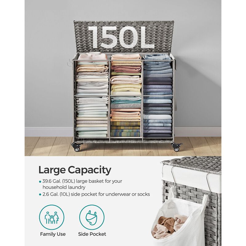 Handwoven 160L Rattan-Style Laundry Hamper with 3 Compartments and Removable Liner
