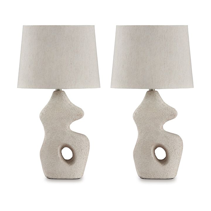 26 Inch Table Lamp Set of 2, Beige Sculptural Base, Empire Fabric Shade - Benzara