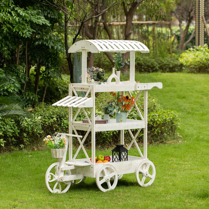 White Wood Decor Display Rack Mobile Food Cart with Wheels 3 Tier for Display, Wood Wagon with Shelves for Food and More