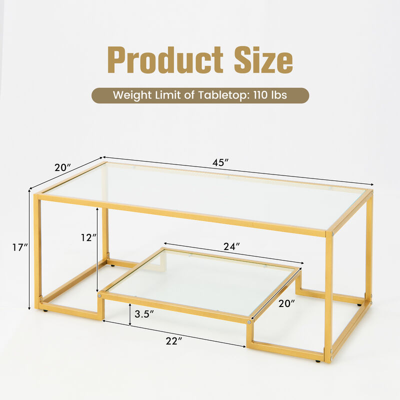 Modern 2-Tier Rectangular Coffee Table with Glass Table Top