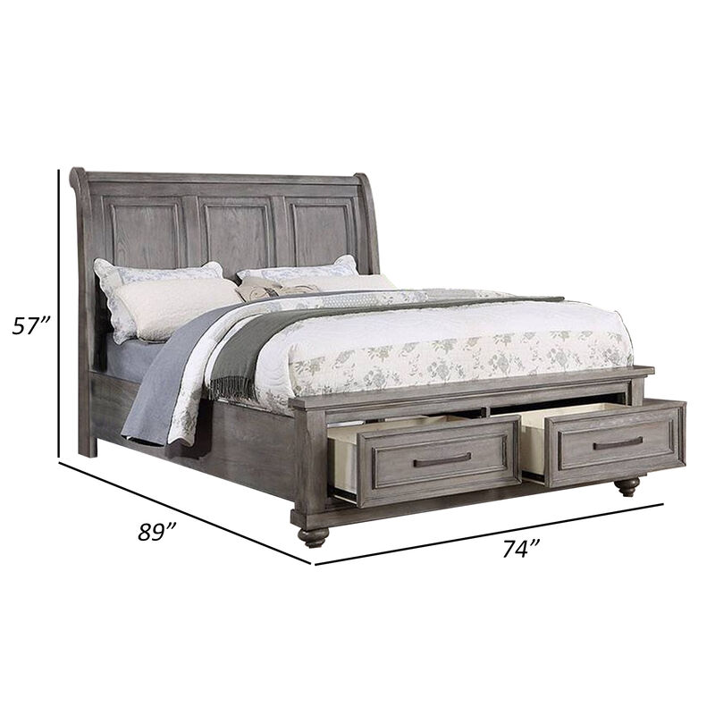 Demi California King Bed, Sleigh Headboard, Storage Drawers, Oak Gray Wood - Benzara