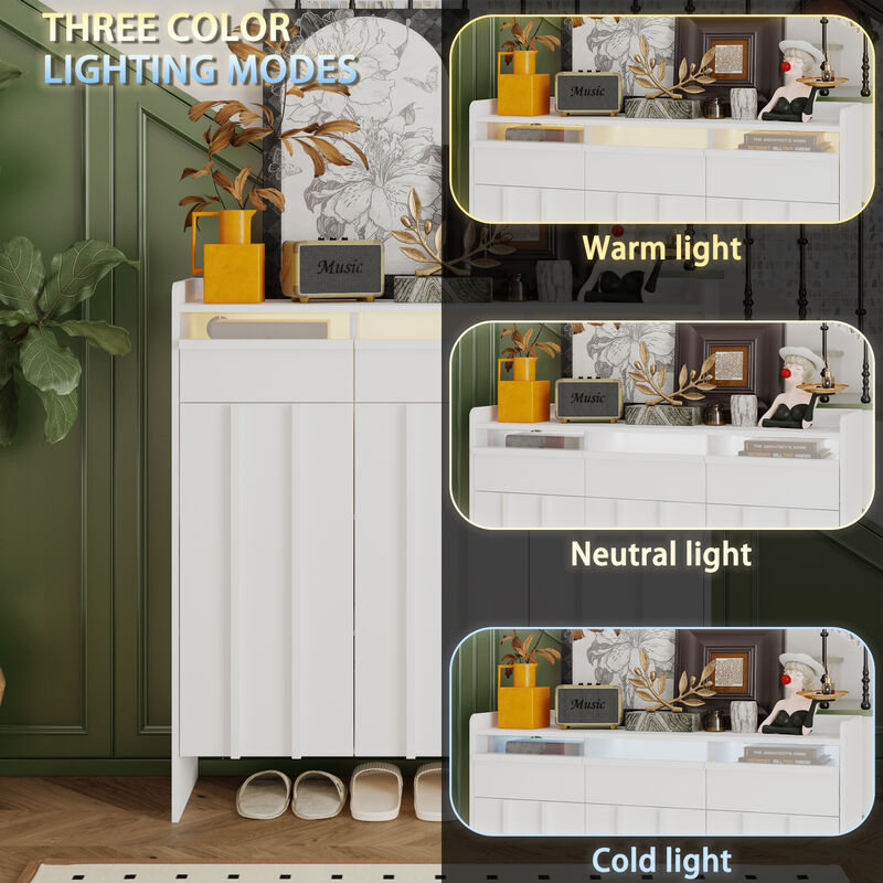 FUFU&GAGA Modern White Shoe Cabinet – 3 Drawers, 3 Doors, Acrylic Panel Design, MDF Entryway Storage (47.2" W x 13.8" D x 47.2" H), White