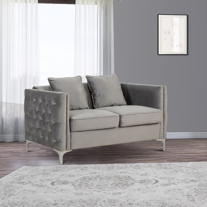Zion 53 Inch Accent Loveseat, Handmade Nailhead Trim, Tufted, Gray Velvet-Benzara