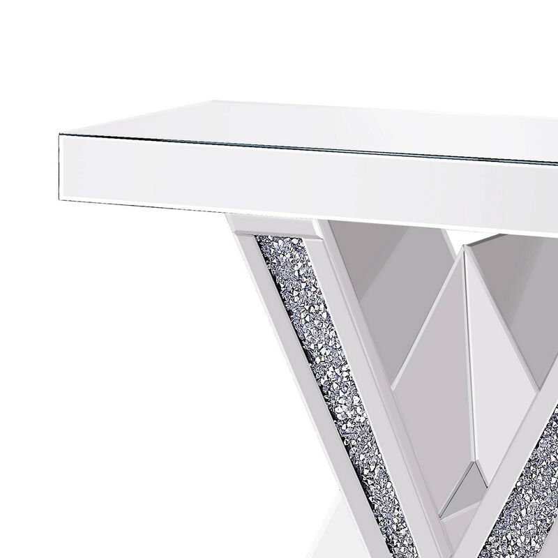 Wood and Mirror Console Table with Interlocking V Shape Base, Clear-Benzara