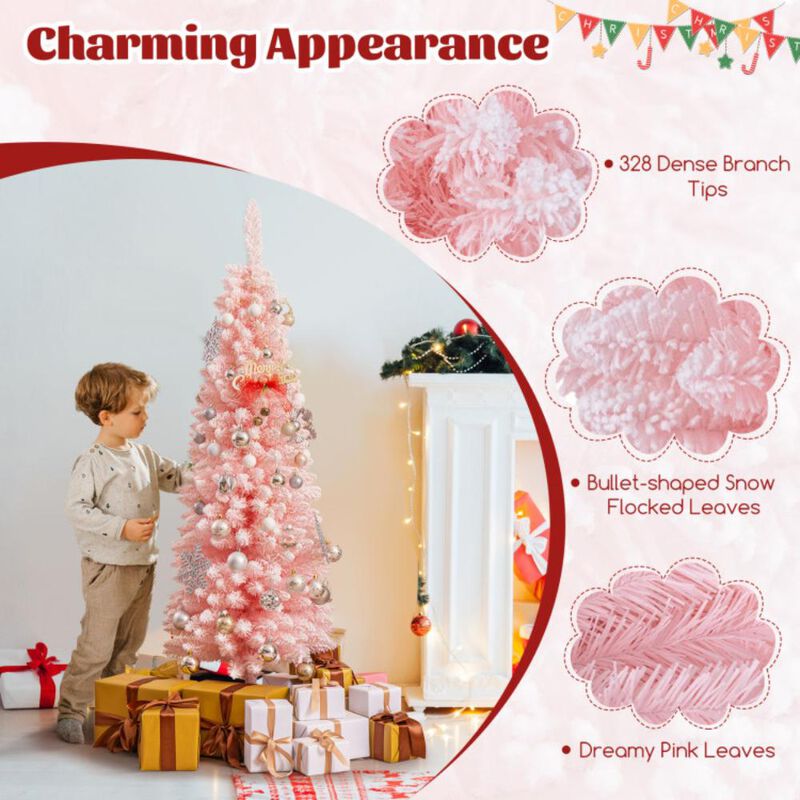 Hivvago Snow Flocked 5/6/7/8 FT Artificial Pink Xmas Tree with 328/460/635/1000 Branch Tips