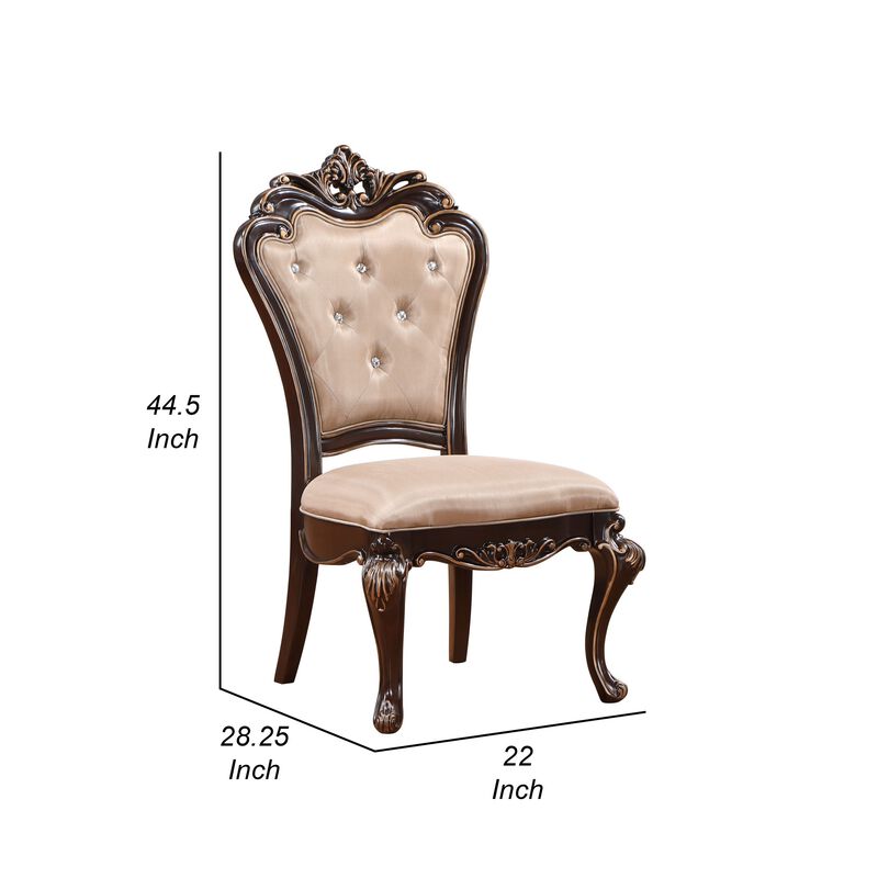 Leon 22 Inch Set of 2 Tufted Dining Chairs, Cherry Brown Wood, Beige Fabric - Benzara