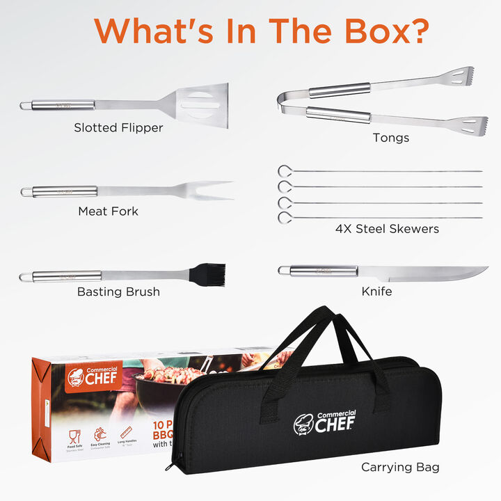 Commercial Chef BBQ Grill Set with Meat Fork, Spatula, and All Necessary Grill Accessories - 10 PCS BBQ Grilling Tools for Smoker, Camping, Kitchen, Barbecue and Ideal Mens Gift