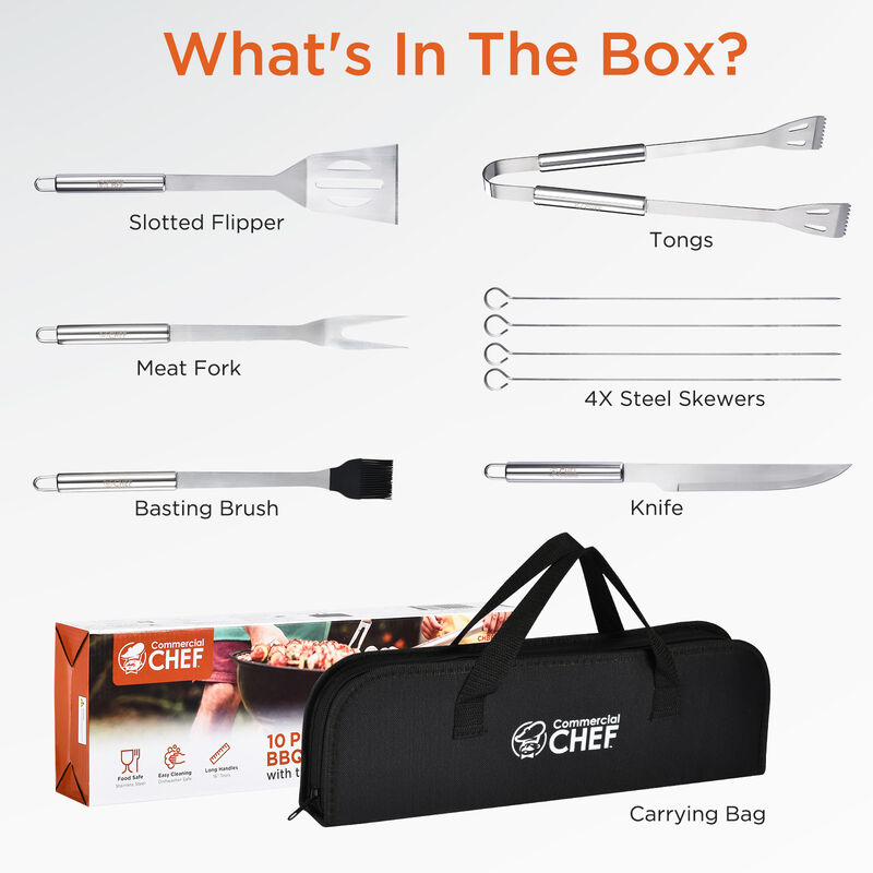 Commercial Chef BBQ Grill Set with Meat Fork, Spatula, and All Necessary Grill Accessories - 10 PCS BBQ Grilling Tools for Smoker, Camping, Kitchen, Barbecue and Ideal Mens Gift