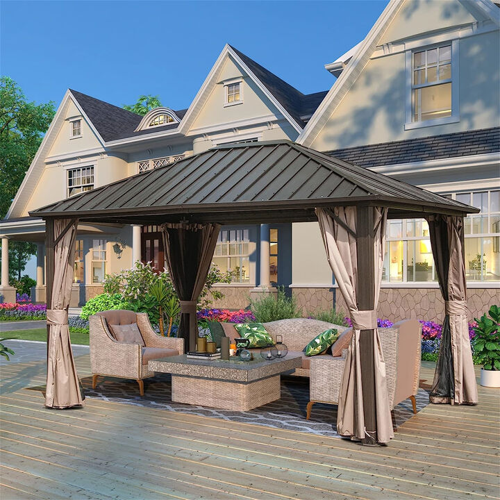 MONDAWE 10x12ft Permanent Outdoor Galvanized Steel Roof Gazebo with Aluminum Frame, Pavilion Metal Gazebos with Netting & Curtains for Garden, Patios, Lawns, Parties(Dark Brown)