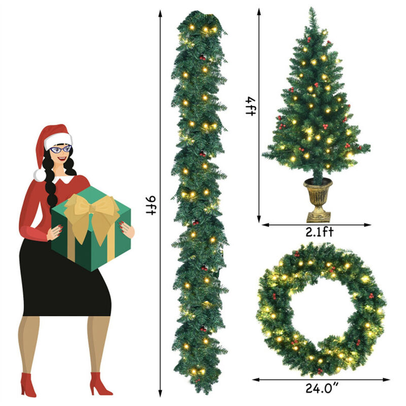 4-Piece Christmas Decoration Set with Pre-Lit Wreath, Garland, and Entrance Trees