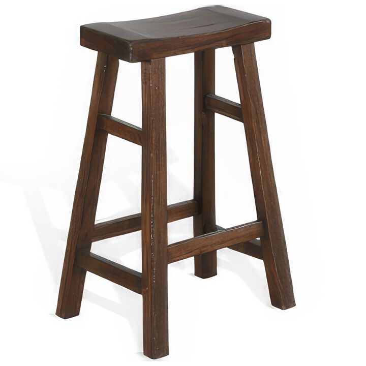Odel Barstool Set of 2, Saddle Seat, Dark Brown Mahogany Wood, 30 Inch - Benzara