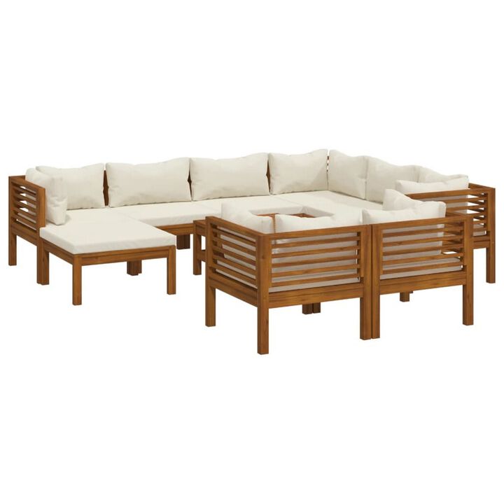 10pc Outdoor Modular Sofa Set, Coffee Table, Solid Acacia Wood, Cream - Benzara