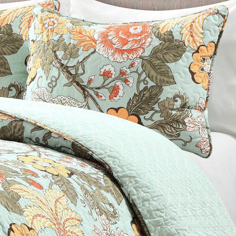 Hivvago Full/Queen 3 Piece Farmhouse Teal Blue Floral Cotton Reversible Quilt Set