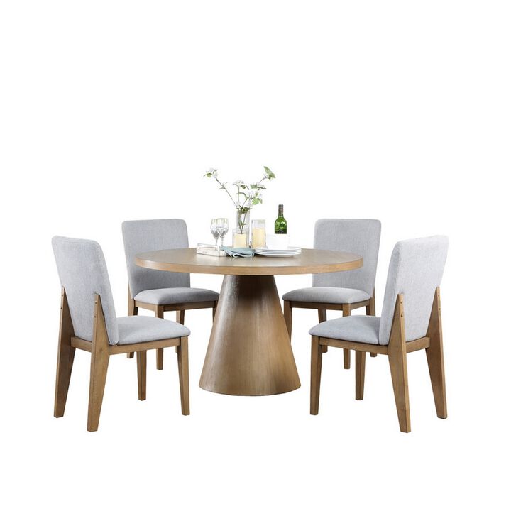 Deli 5 Piece Round Dining Table Set, 4 Seater Table, Gray Linen Chairs - Benzara