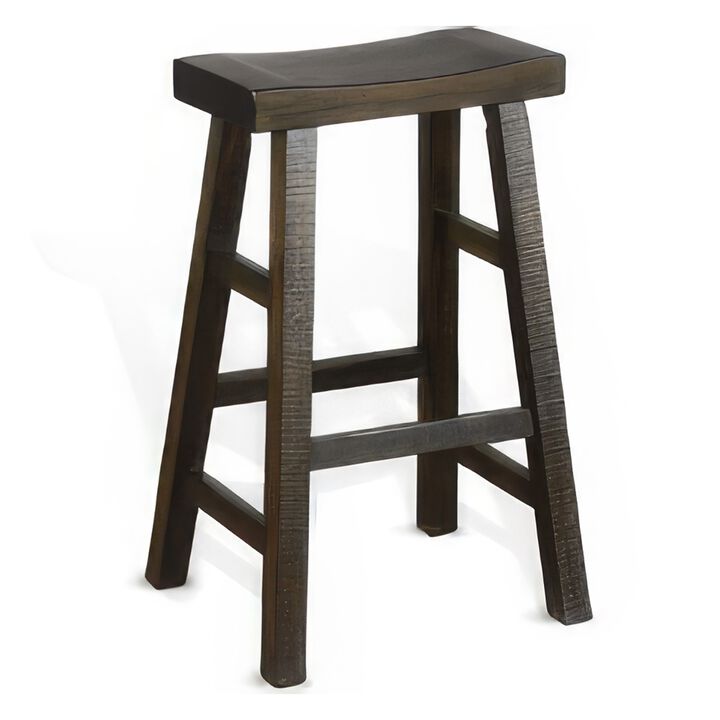 Flint Barstool Set of 2, Saddle Seat, Distressed Dark Brown Mahogany - Benzara