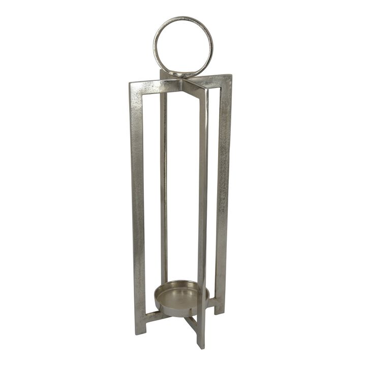 Siana 31 Inch Lantern Candle Holder, Classic Silver Finished Metal - Benzara