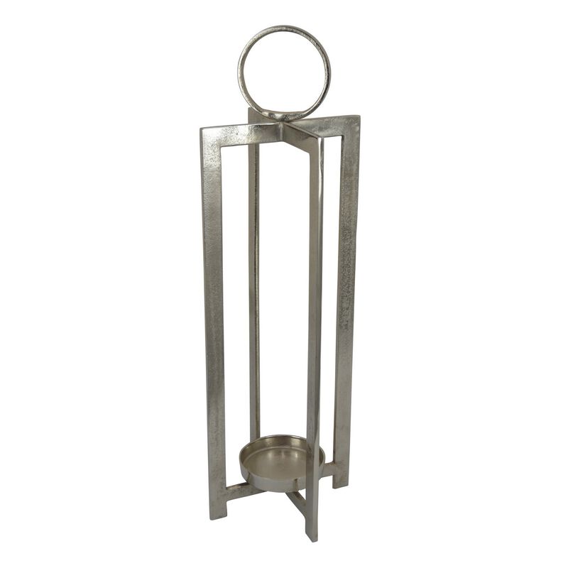 Siana 31 Inch Lantern Candle Holder, Classic Silver Finished Metal - Benzara