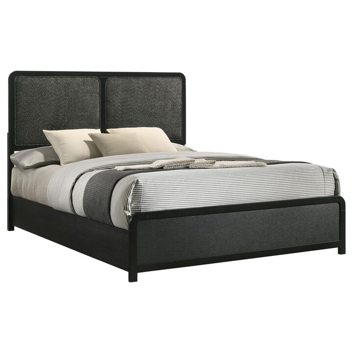 Cavy Queen Size Bed, Channel Tufted Upholstered Headboard, Black Gray - Benzara