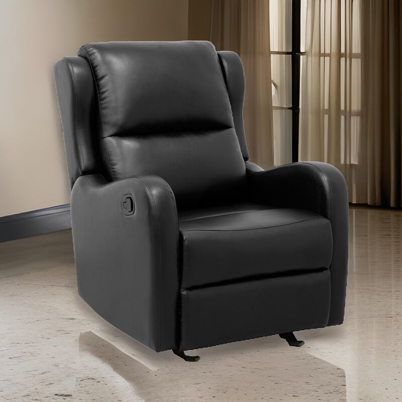 Kim 39 Inch Glider Manual Recliner Chair, Black Faux Leather, Solid Wood - Benzara