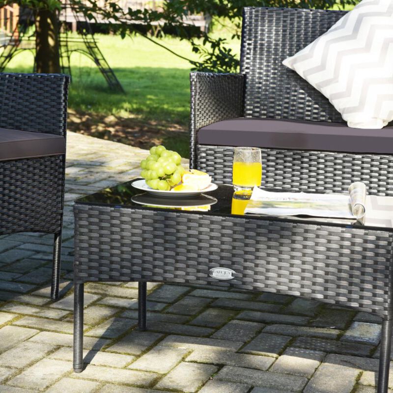Hivvago 4 Pieces Patio Rattan Cushioned Sofa Set with Tempered Glass Coffee Table