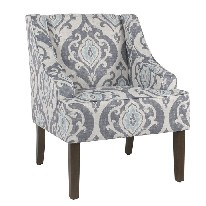 Fabric Upholstered Wooden Accent Chair with Swooping Armrests and Damask Pattern Design, Multicolor - Benzara