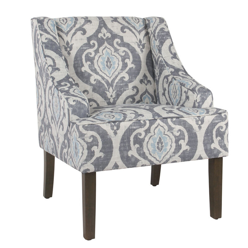 Fabric Upholstered Wooden Accent Chair with Swooping Armrests and Damask Pattern Design, Multicolor - Benzara